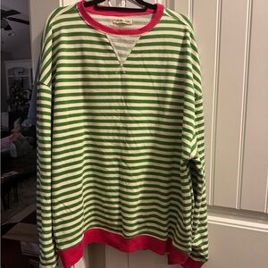 We The Free oversized Green and Cream Striped Top with Pink Trim. Size Large